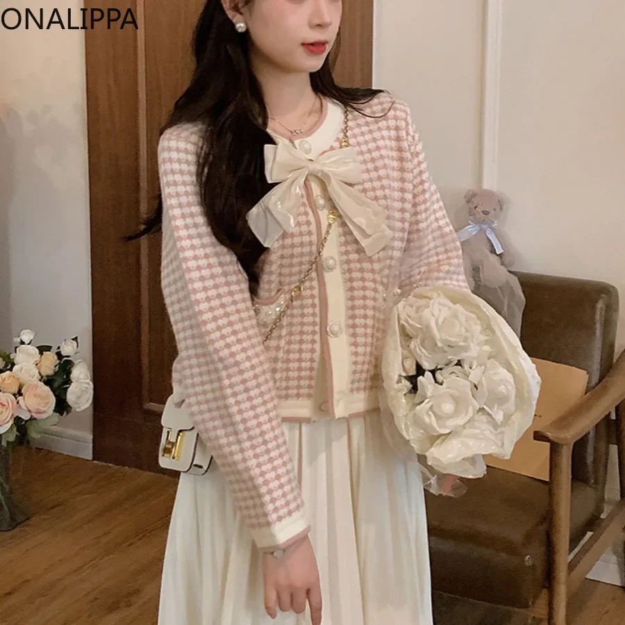 Onalippa Small Fragrance Plaid Pink Cardigan Heavy Industry Bow Contrast Sweet Knitted Cardigans Celebrity Style Beaded Sweater