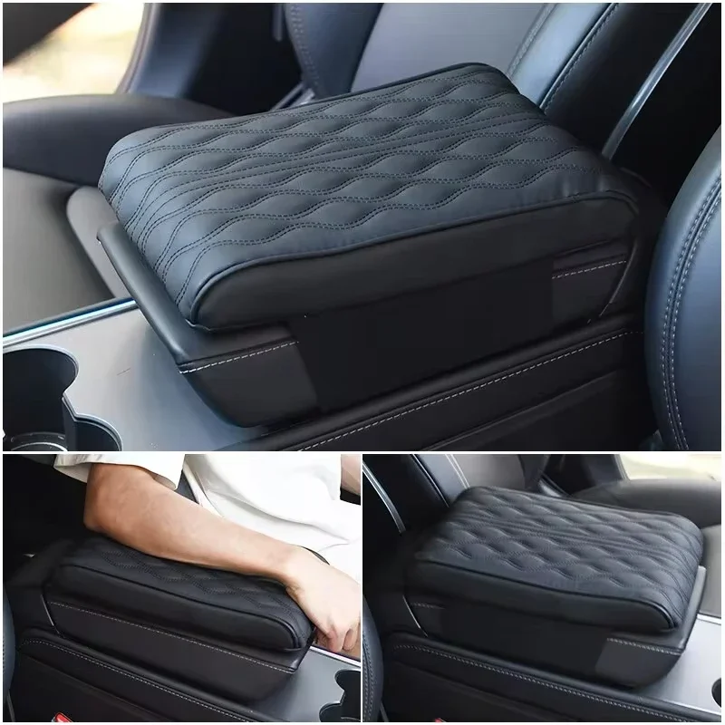Coussin de protection pour accoudoir de voiture en cuir PU brodé motif vague, pour console centrale, avec couvercle de boîte de rangement