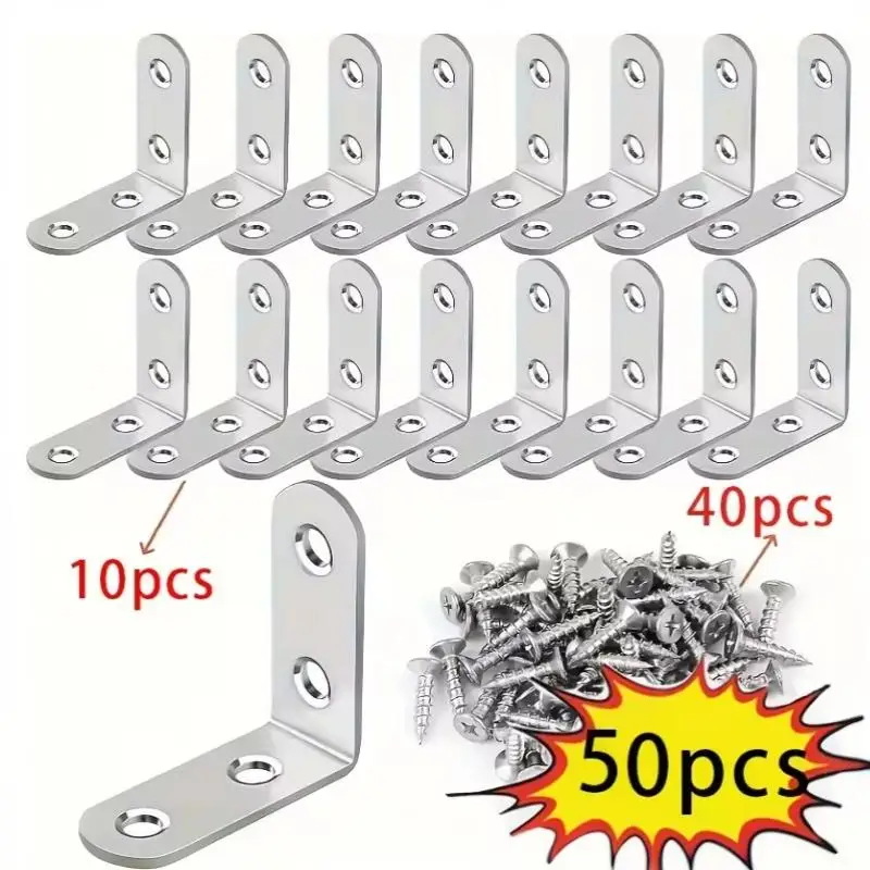 50Pcs L-Shaped Bracket Hardware 90-Degree Right-Angle Brackets With Screws For Wooden Shelves Chairs Accessories