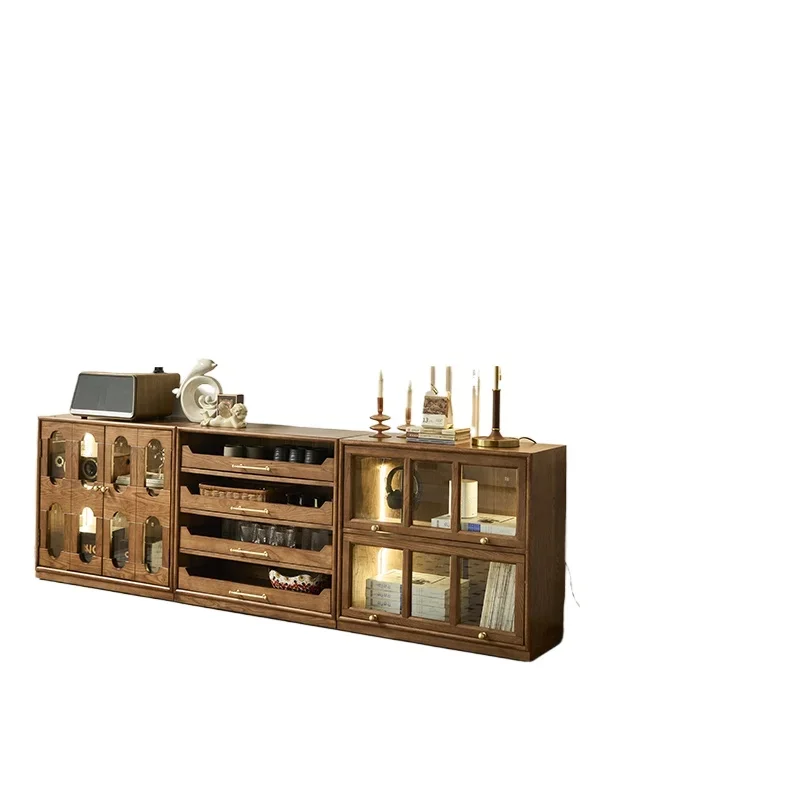 

French retro living room module combination cabinet, solid wood living room display TV chest