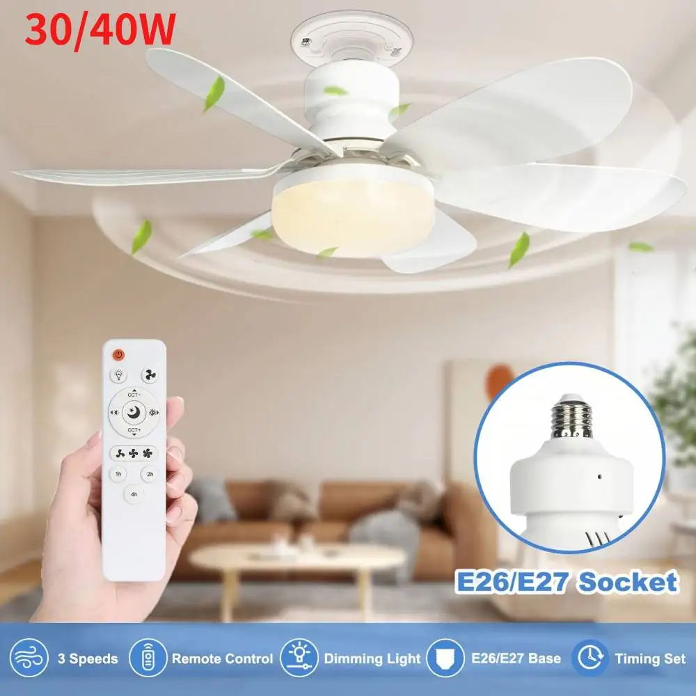 

40W Socket Fan Light, Silent 6 Leaves Ceiling Fan with Light and Remote, E27 Socket Fan with LED for Bathroom, Bedroom, Kitchen
