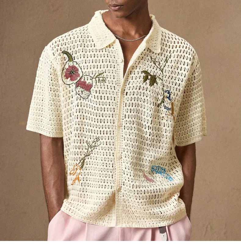 

Men's Crochet-Style Embroidered Shirt Short Sleeve Boho Shirt with Leaf Embroidery Music Festival Vacation Top for Summer