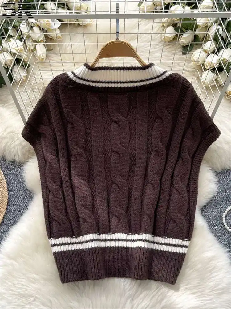 

BabYoung 2024 Autumn Winter Knit Vest Women Sleeveless V Neck Pullover Ladies Color Block Casual Basics Fashion Warm Sweater