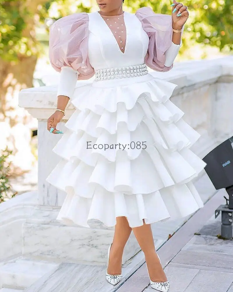 Women Party Dresses Sweet High Waist Large Size White Solid Cake Puff Dress Autumn/Winter Round Neck Bubble Sleeve Dresses