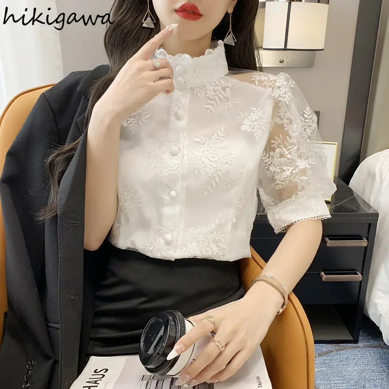 Summer Women Blouses 2024 Camisas De Mujer Stand Neck Puff Sleeve Temperament Tops Chiffon Embroidery Loose Vintage Blouse Shirt