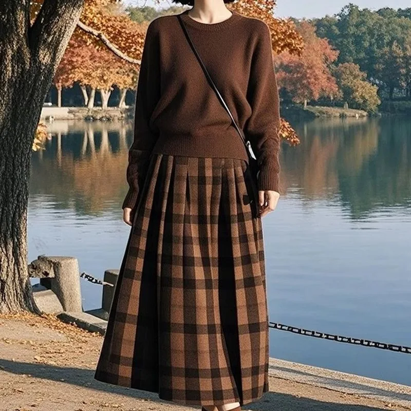 Women's Autumn Winter Vintage Plaid Skirts Sweater Two Piece Set Lady England Style Brown Knit Pullover Tops Skirt Outfits