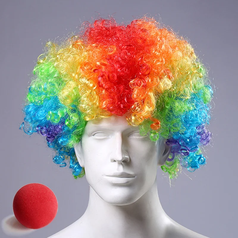 Colorful Bouffant Synthetic Curly Clown Wig Nose Cosplay Hair For Christmas New Year Adult Birthday Party Disco Kids Gift