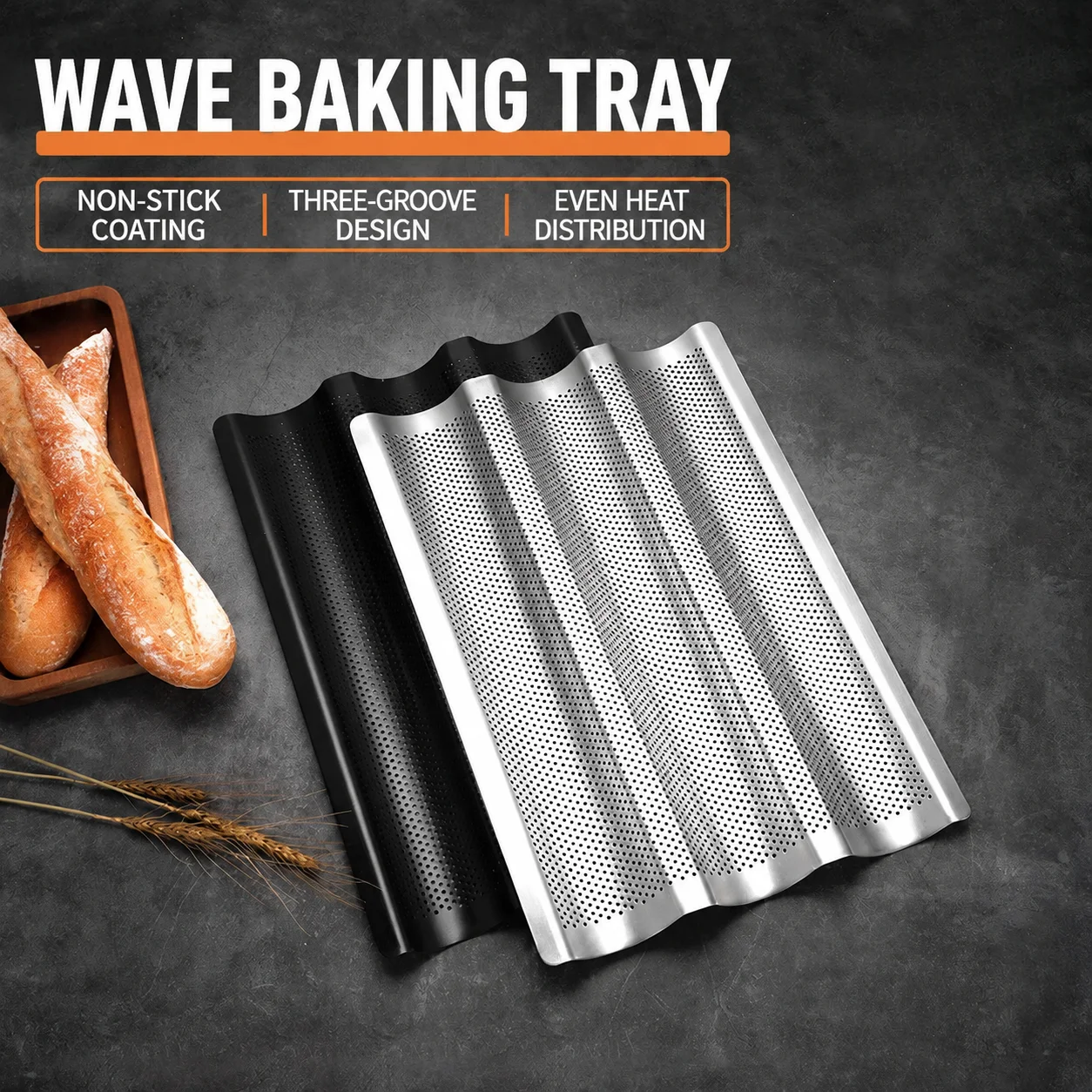 Baguette baking tray bread mold  long non-stick baguette mold with 3 slots  large oven home baking tool