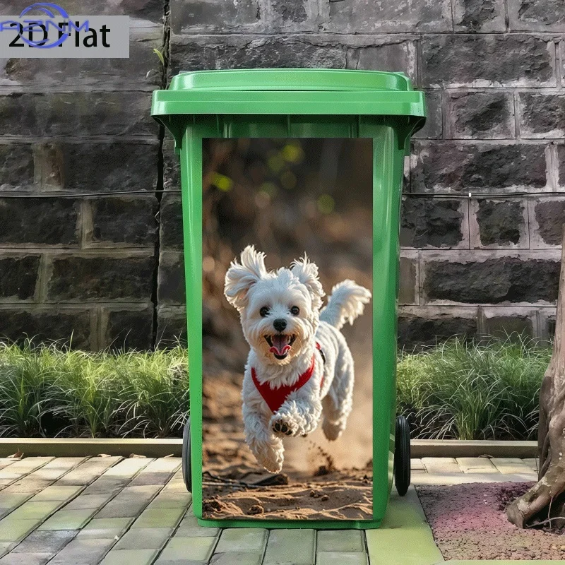 2D Flat Printing 1pc Trash Can Sticker 37×82cm Cute Dog Running on Sand Theme Design Wall Sticker Self-Adhesive Wallpaper Kitc