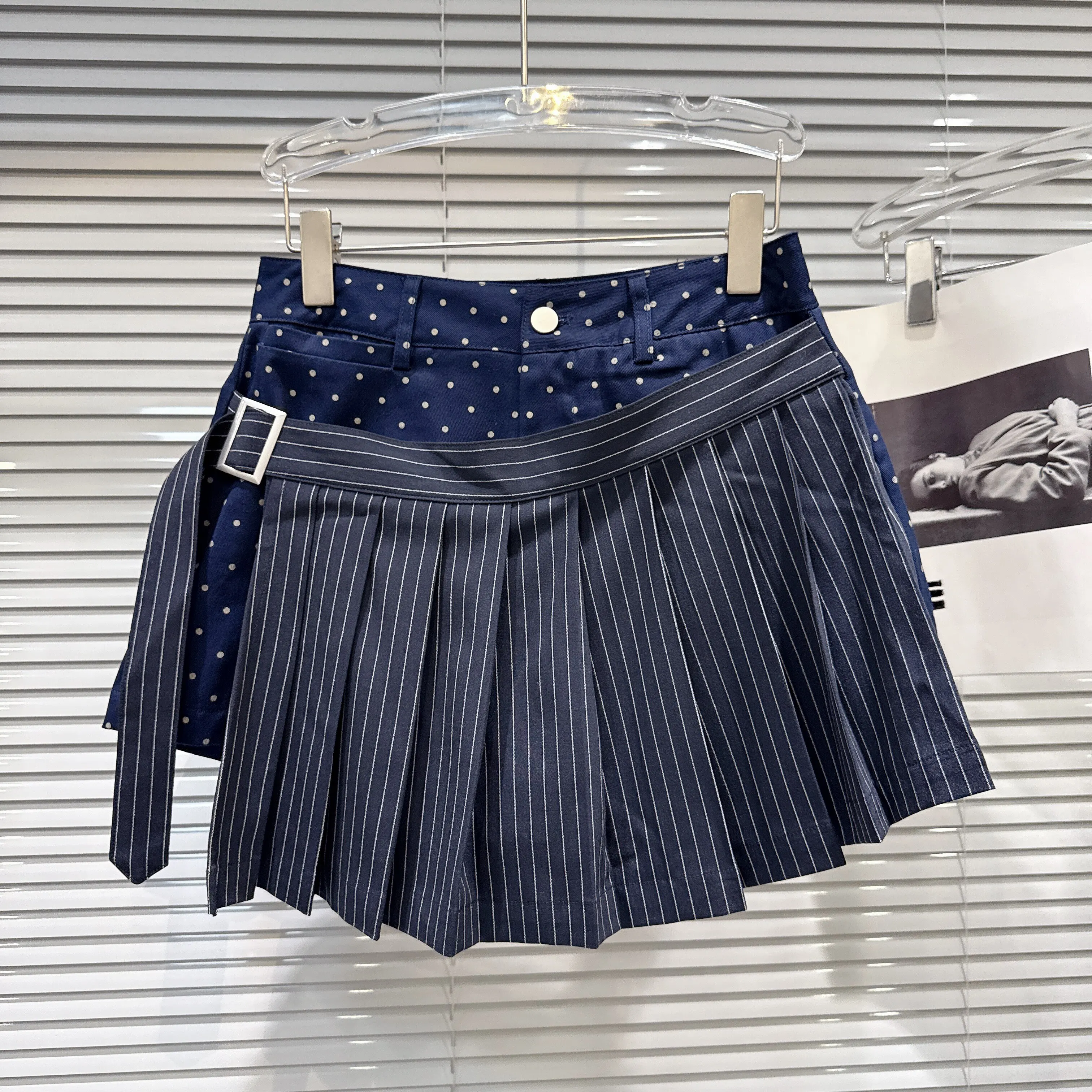 

2026 Summer New Arrival: Unique Polka Dot & Striped Patchwork Asymmetrical Hem Pleated Skirt for Women