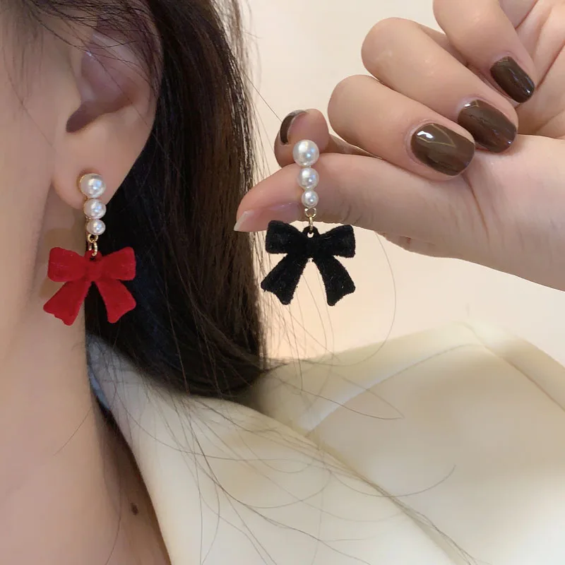 Sweet Bowknots Imitation Pearl Flocked Earrings for Women Girls Trendy Elegant Red Black Ear Accessories Jewelry earring Gift