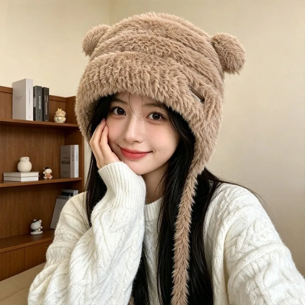 Polyester Material Ear Flap Hat Fits 55cm to 58cm Head Circumference Bear Ear Warm Winter Knitted Hat