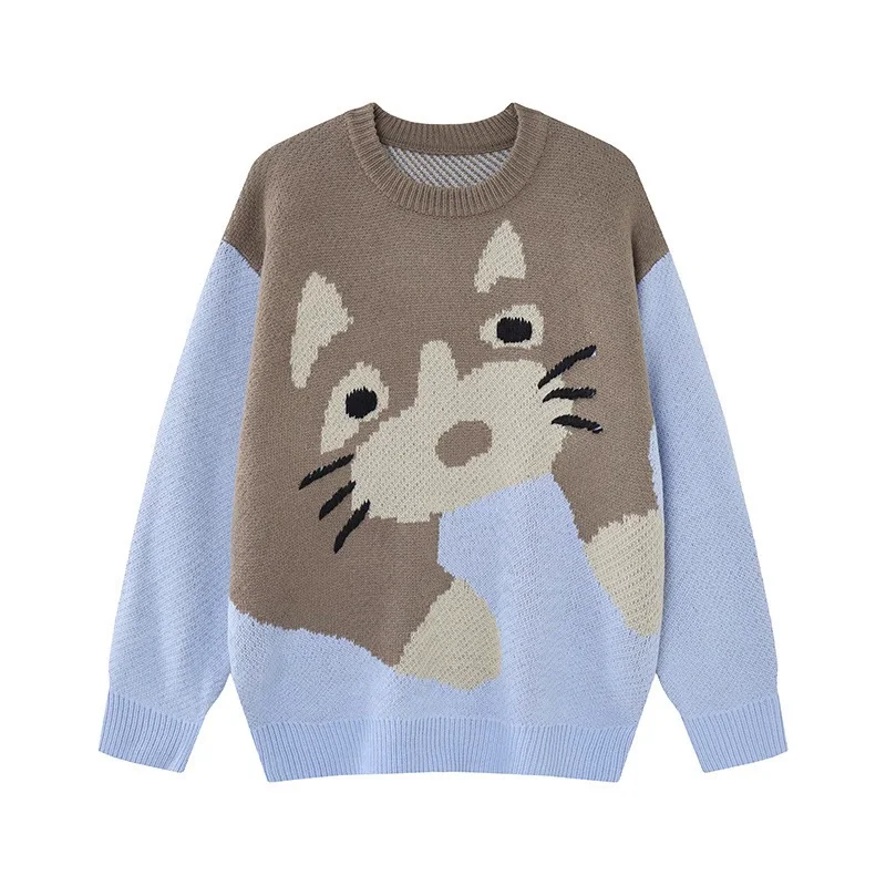 Cartoon Cat Graphic Knitted Sweater Men Oversized Hip Hop Streetwear Hip Hop Pullover Sweaters Loose Casual Sweaters Jumper Tops