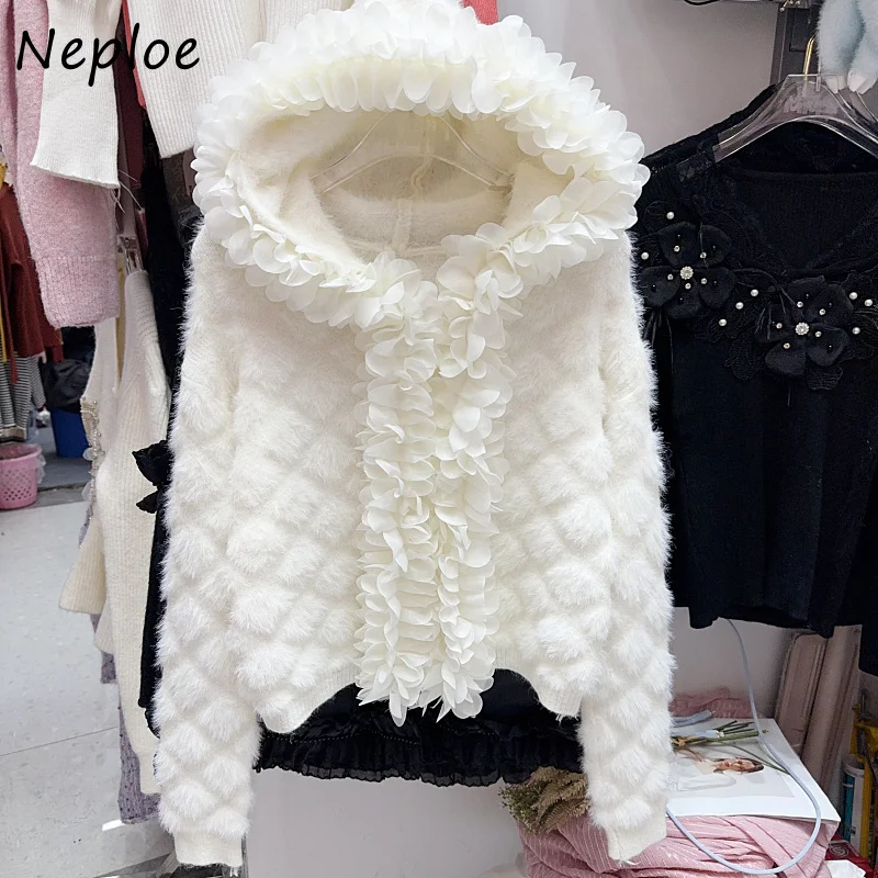 Neploe Advanced Three-Dimensional Petal Mink Fur Sweater Coat Femme 2025 Winter French Elegant Light Luxury Plaid Hoodie Jackets