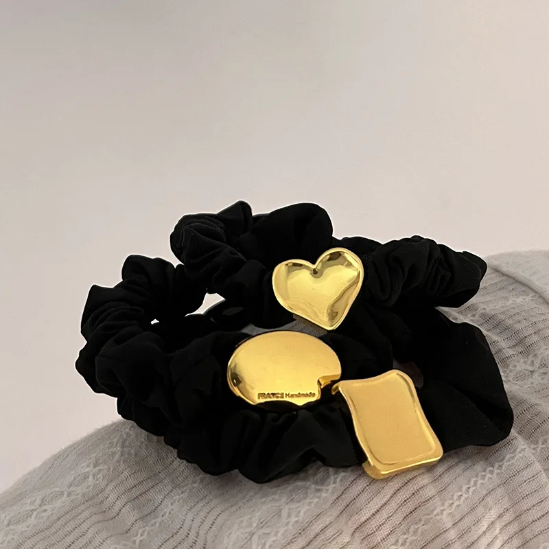 Black Fabric High-Grade Hair Rope Simple Hairband for Tying up Hair French Gold Alloy Love Square Headdress Elastic Hair Bands