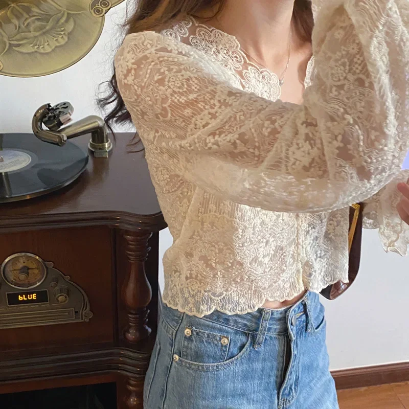 Elegant Shirts Women Lace Crochet Flower V-neck Long Petal Sleeve Summer All-match Outwear Sun-proof Retro Vintage Mature Tops