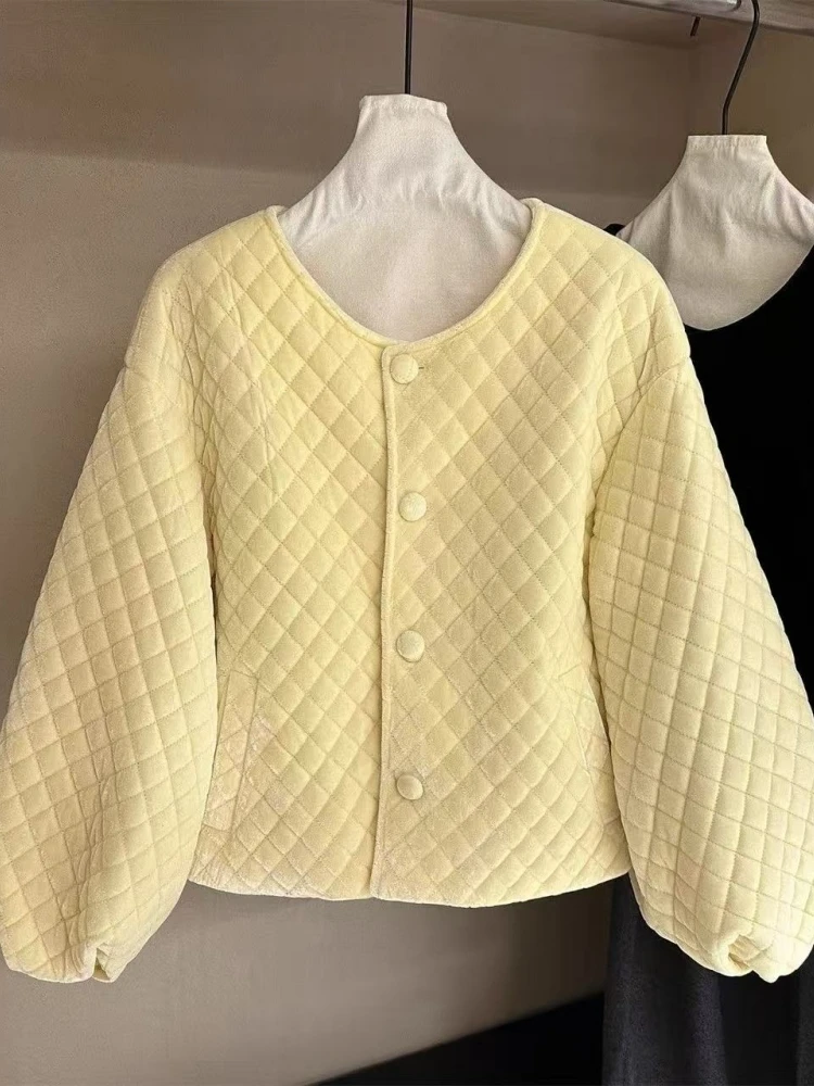 

Korean Sle Ins Anti-Aging Yellow Diamond Pattern Cotton Jaet Casual All-Match Cotton Coat for Men And Women Autumn Winter...