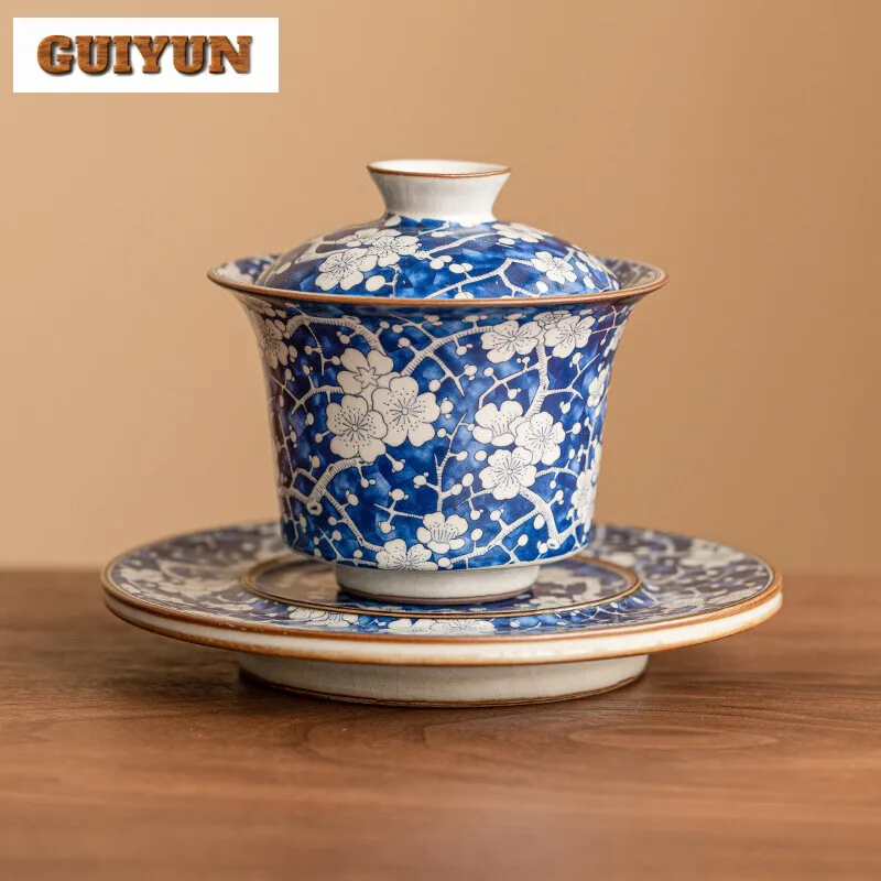 Gaiwan Japaneseblue Ice Plum Blossom Three Talent Tea tueen Tea Brewing Cover Bowl, colección de té, gama alta, 160ml