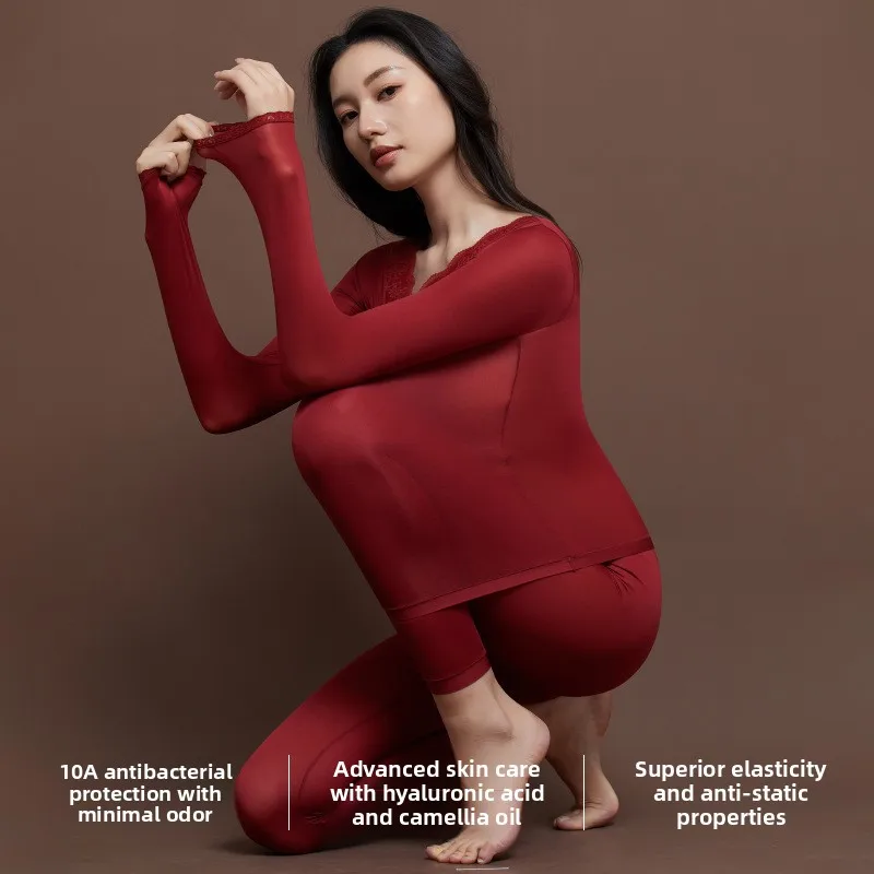 رقيقة جدا على الوجهين يمكن ارتداؤها سلس الدانتيل العناية بالبشرة مجموعة الملابس الداخلية المضادة للبكتيريا الدافئة المرأة مجموعة نسيج النايلون U الرقبة طويلة... #4