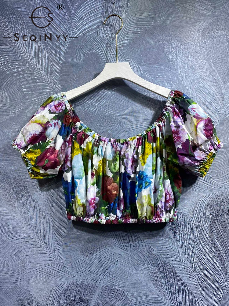 

SEQINYY Elegant 100% Cotton Top Summer Spring New Fashion Design Women Runway High Quality Vintage Print Short Sleeve Top Crop