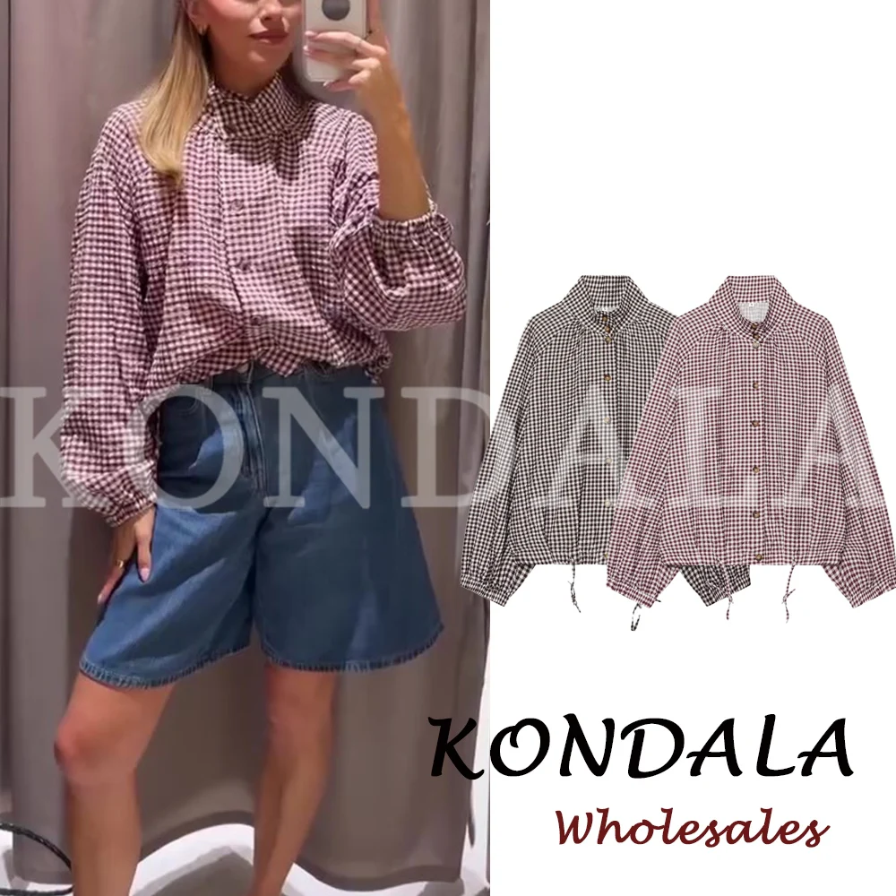 KONDALA Vintage Plaid Autumn Fashion 2026Streetwear Women Shirt Loose Stand-up Collar Jacket Chic Single Breasted Female Outwear