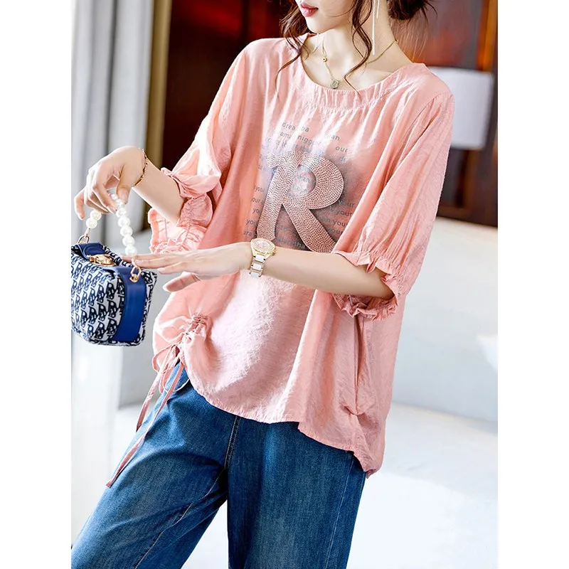 

2024 Summer New Korea Fashion Women Short Sleeve Loose T-shirt All-matched Casual Letter Print O-neck Tee Shirt Femme Tops P574