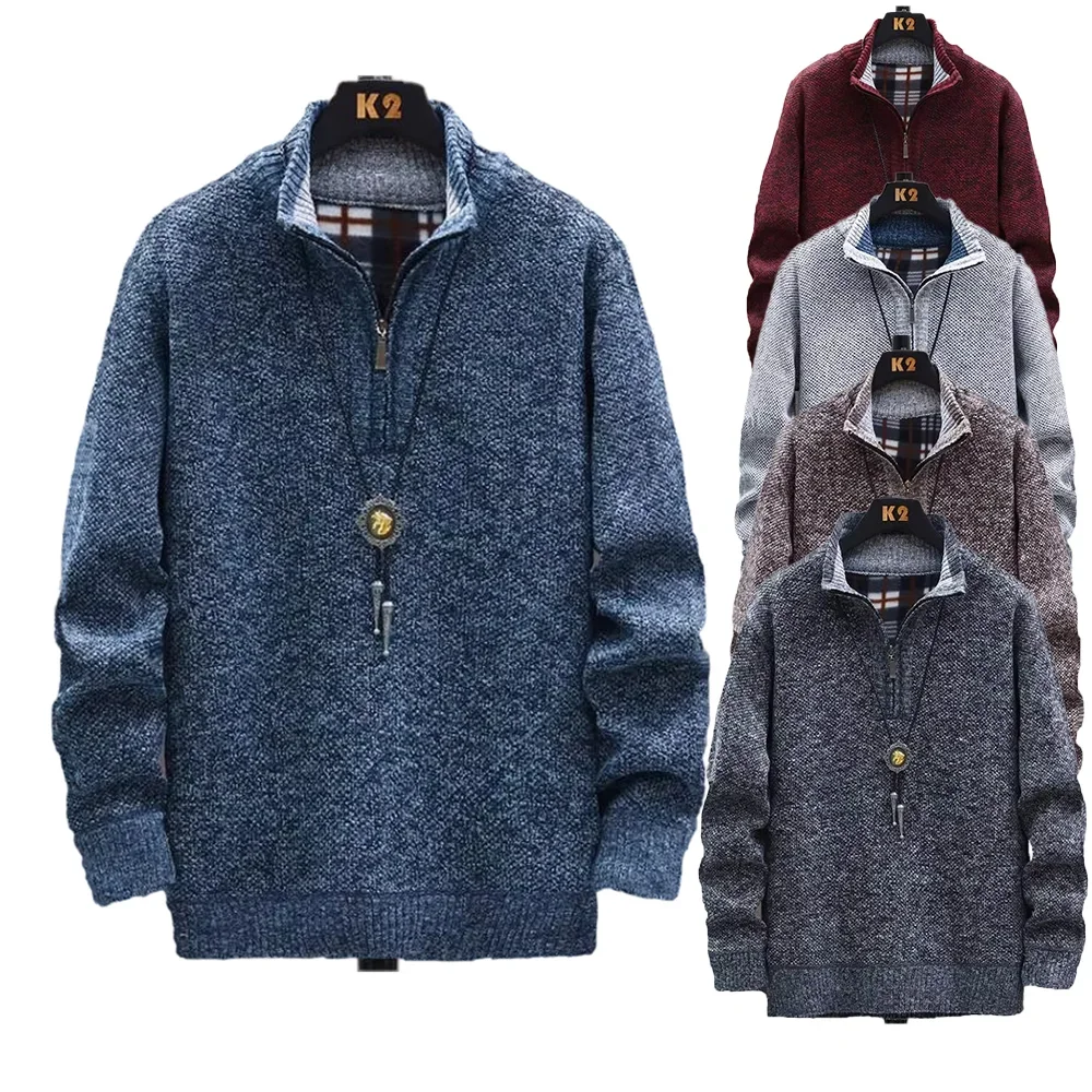 

Men's Fleece New Half-high Neck Pullover Zip Jumper Men's Versatile Knitted Solid Colour Jumper Men's Autumn and Winter Tops