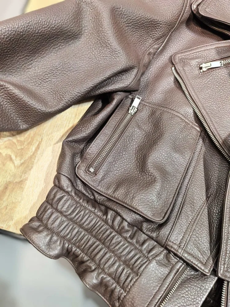 خريف شتاء جديد إمرأة موضة جلد طبيعي جاكيت زيبرا كم طويل Sheespkin ترتيب الأسرة طوق سيدة دراجة نارية معطف قصير