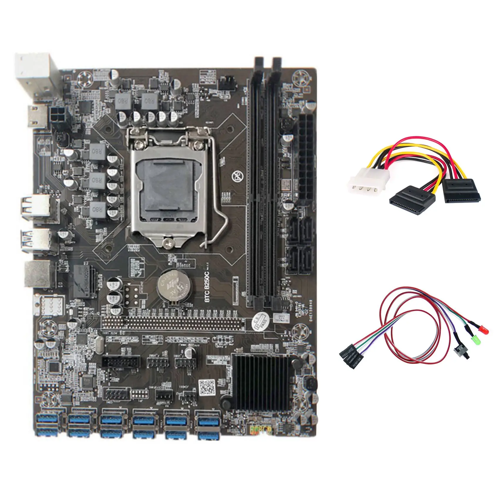 

B250C Miner Motherboard+Switch Cable with Light+4PIN to SATA Cable 12 PCIE to USB3.0 GPU Slot LGA1151 Support DDR4 RAM