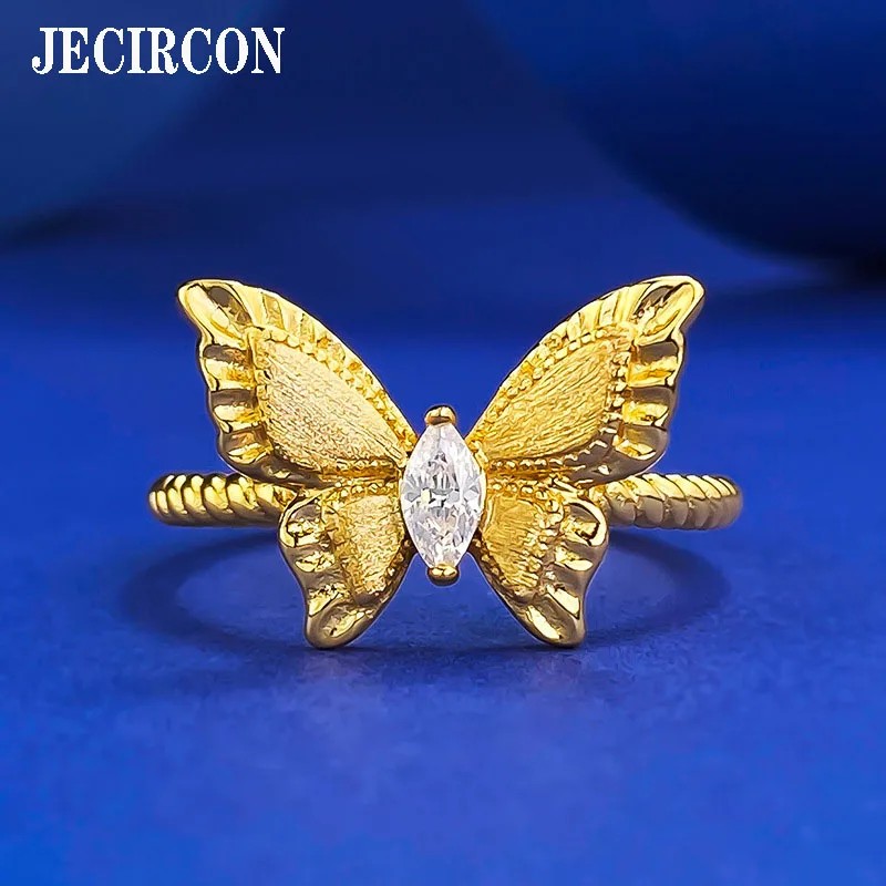 JECIRCON 18K Gold Ring for Women Ancient Dreamy Bow Brushed Ring S925 Sterling Silver Temperament Versatile Fashion Fine Jewelry