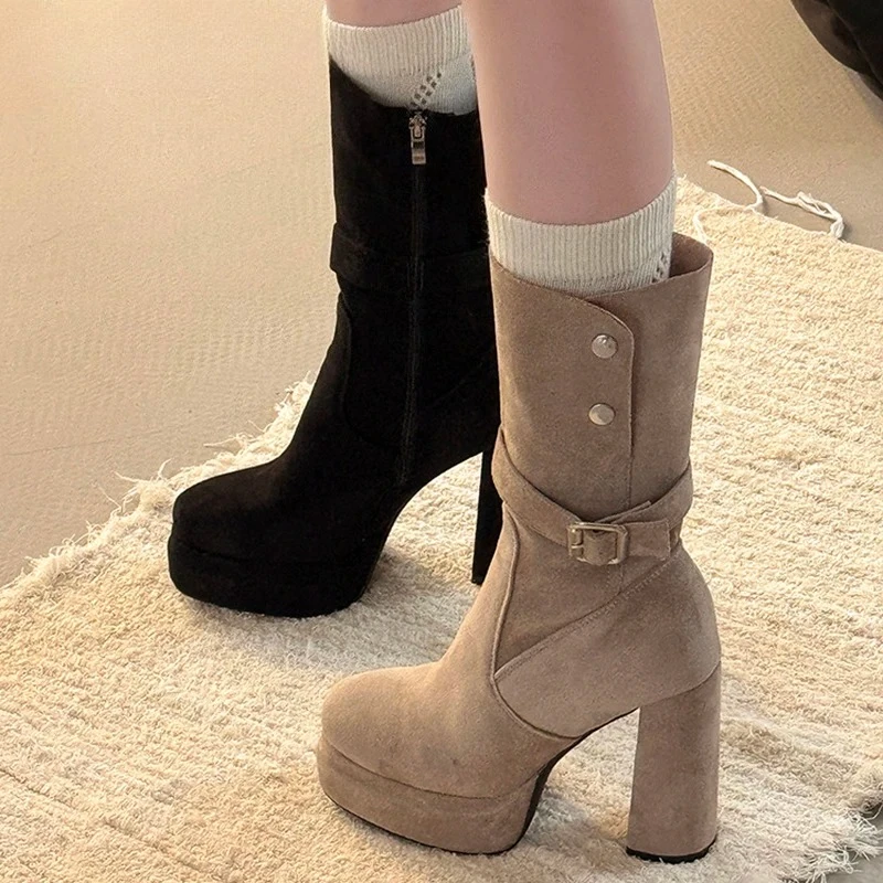 

Винтажные женские ботильоны на толстом высоком каблуке на платформе, модные осенне-зимние женские короткие ботильоны без шнуровки в стиле вестерн