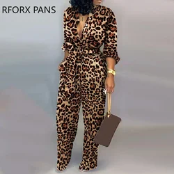 Leopard Tied Waist Long Sleeve Jumpsuit Women Jumpsuit