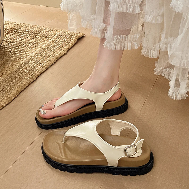 Roman Style Women's Sandals Summer New Outdoor Wear Korean Version Thong Slippers Casual Match Skirts Low Heel Buckle Sandals