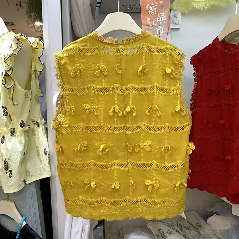 2025 Summer New High-end European Products Loose and Thin Sleeveless Lace Bow Foreign Style Shirt For Women