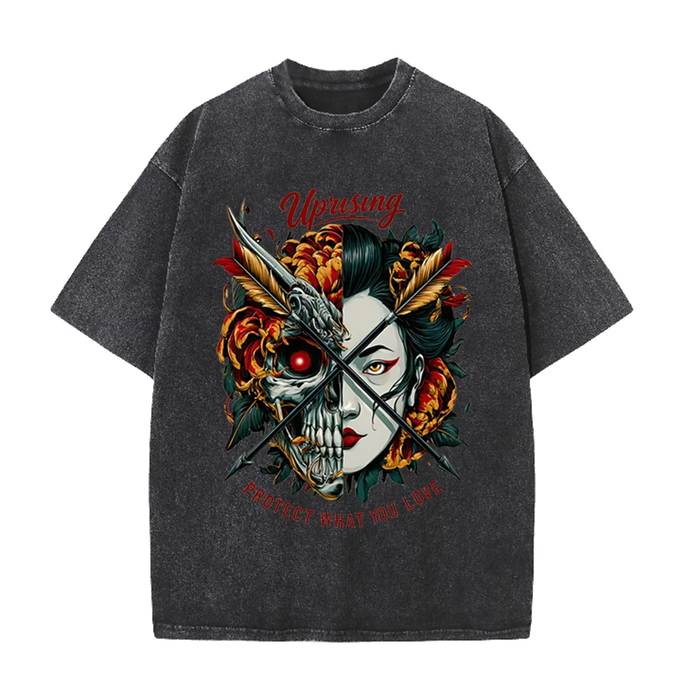 2026 Vintage Washed T Shirt Men Skull Geisha Graphic Tees Uprising Protect What You Love Casual Loose Streetwear Crew Neck Short