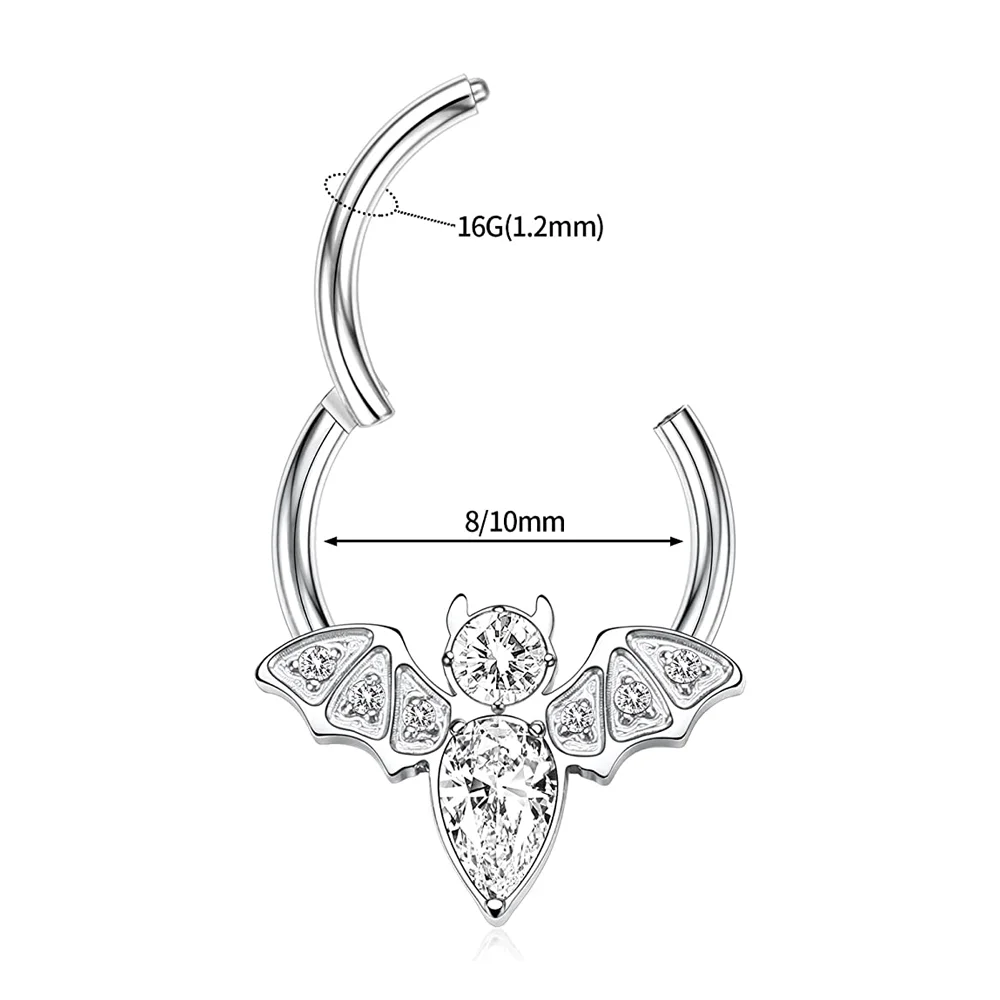 F136 16G CZ Bat Septum Clicker Hoop Ring G23 Titanium Hinged Nose Rings Daith Helix Cartilage Tragus Earring Piercing Jewelry