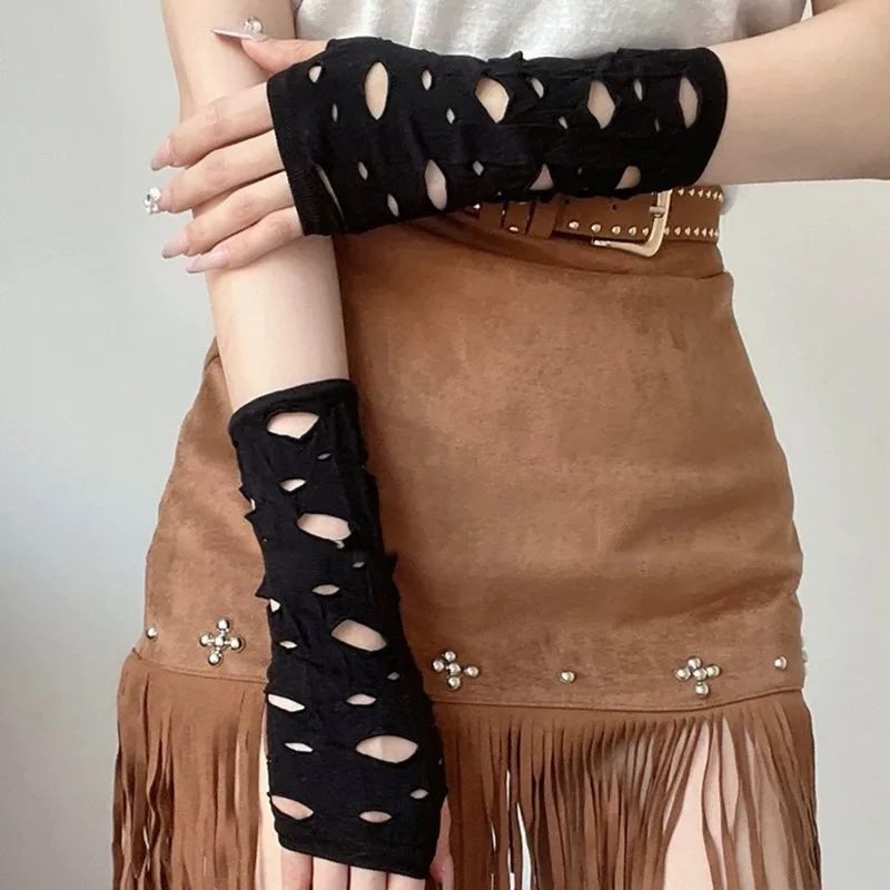 Punk Ripped Holes Fingerless Gloves Black Gothic Ripped Holes Decor Cosplay Gloves for Party Halloween Daily Wear Accessories