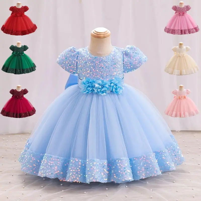 Girl's Dress Summer New Solid Color Short-sleeved Sequin Pommel Dress Girl's Princess Dress Ropa De Niña  Girls Clothes