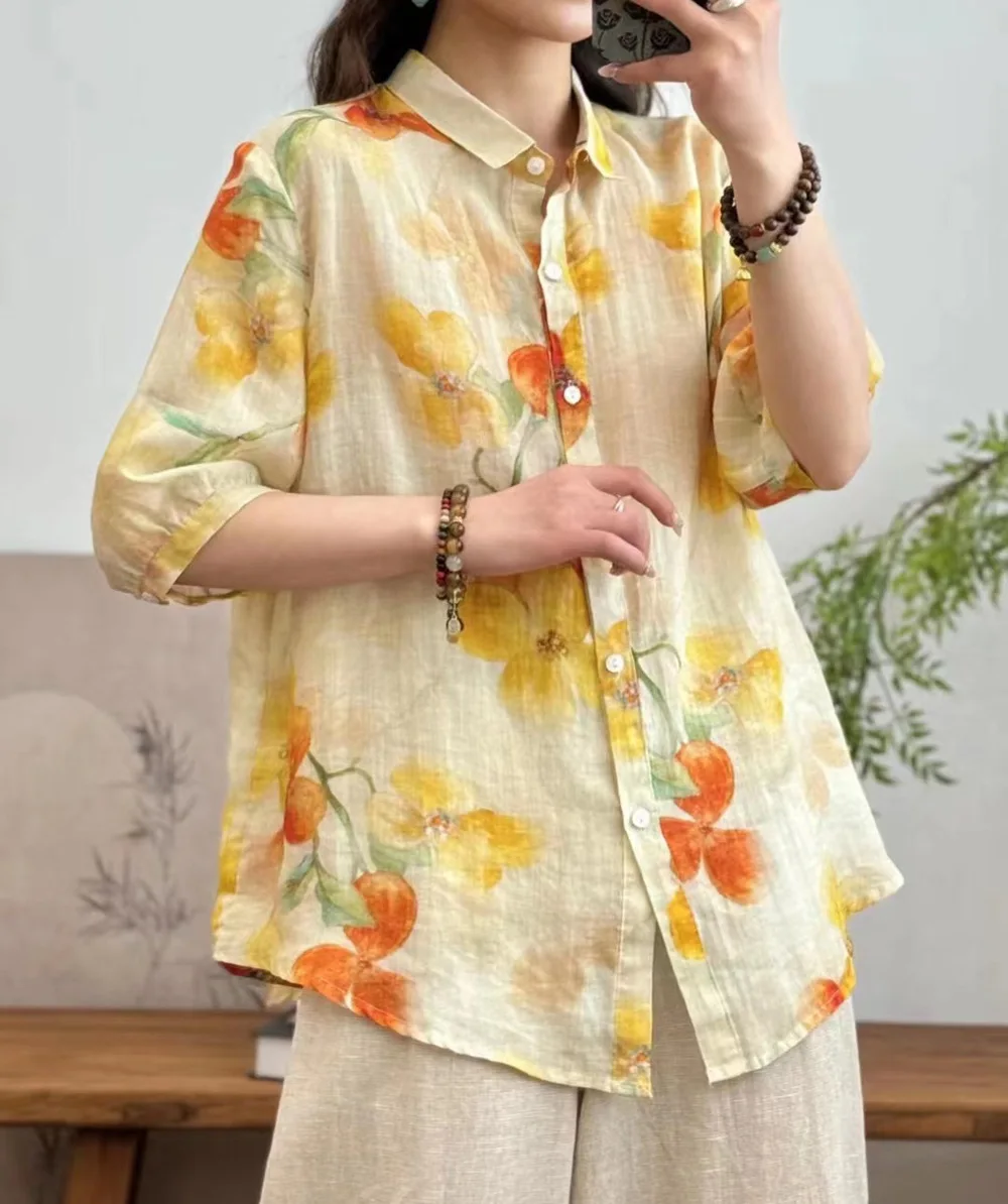 New Summer Cotton Linen Half Sleeve Shirt Lapel Printed Tops Mori Girl Casual Loose Commute Retro Blouse 2024 Autumn T46748QC