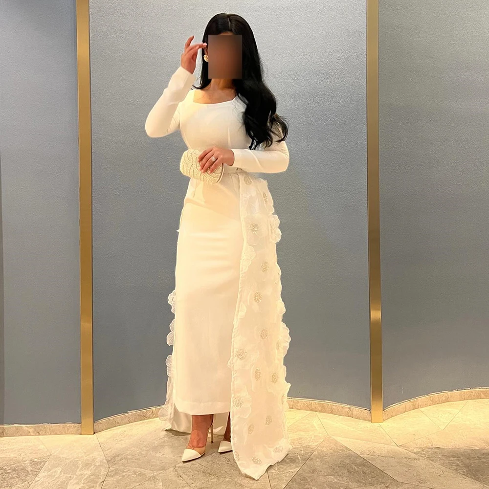 

Customized O-neck Beige Jersey Straight Evening Dress Appliques Watteau Train Party Gown Full Sleeves Ankle Length Prom Dress