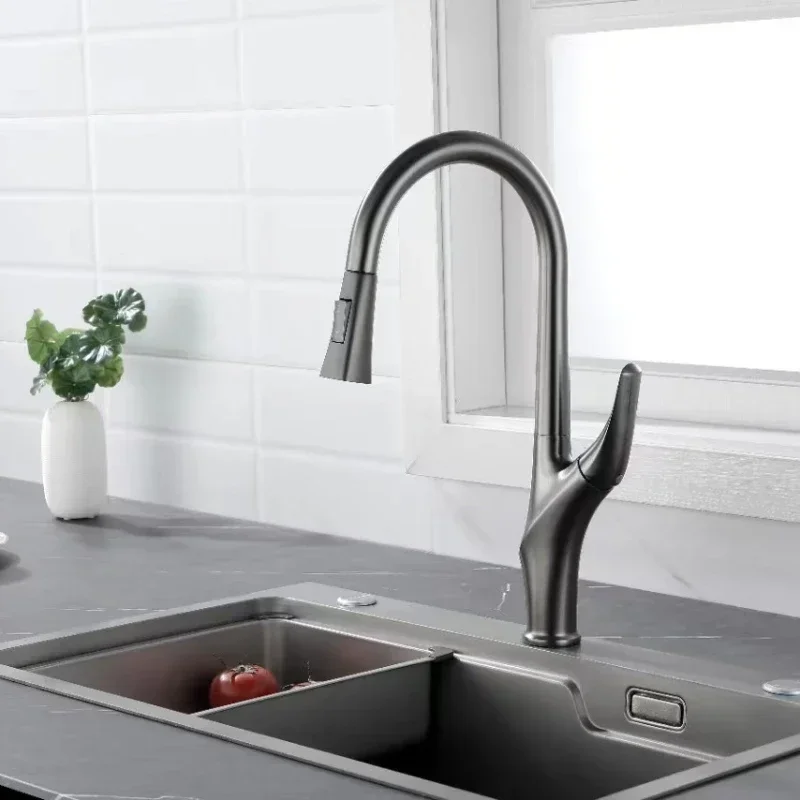 Brushed Grey Kitchen Faucet Pull-out Design Rotation Sink Hot And Cold Single Handle 3 Control Water Mixer Tap