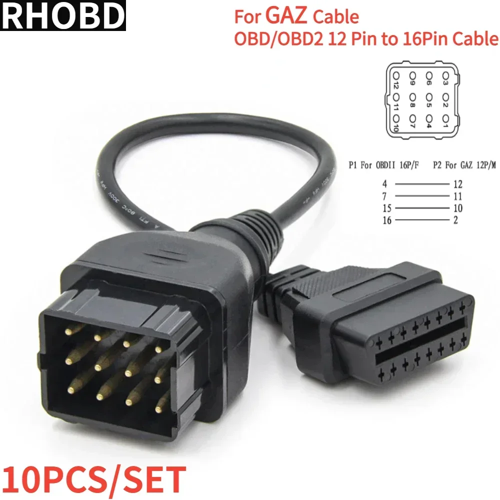 Cable de extensión OBD2 Pines de 12 a 16 Pines, conector OBD2 para GAZ, Renault, herramientas de adaptador, 10 unidades por lote