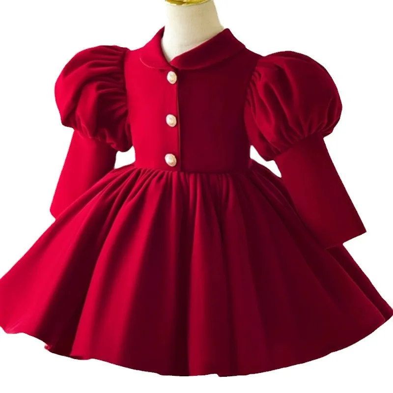 Girls Wine Red High-End Princess Ball Gown Children Cute Puff Sleeve Wedding Birthday Party Boutique Dresses