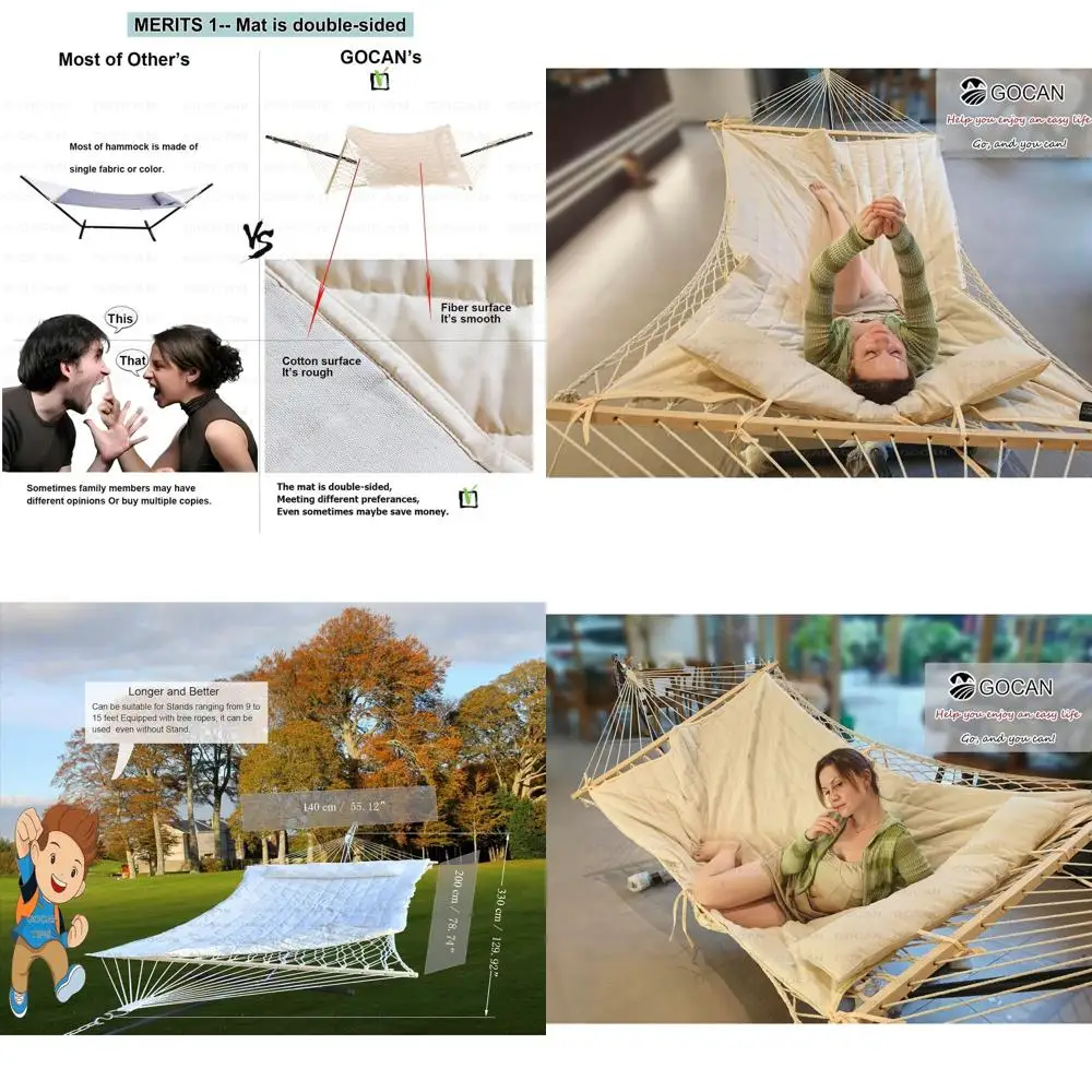 

Сетчатый гамак для улицы и дома с хлопчатобумажной веревкой, подушечкой, цепями и крючками, регулируемый для подставок длиной 9–15 футов.