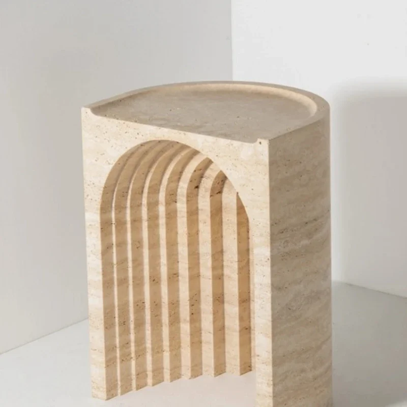 

wabi-**** wind natural travertine edge, designer creative carving marble sofa side table small apartment bedside table