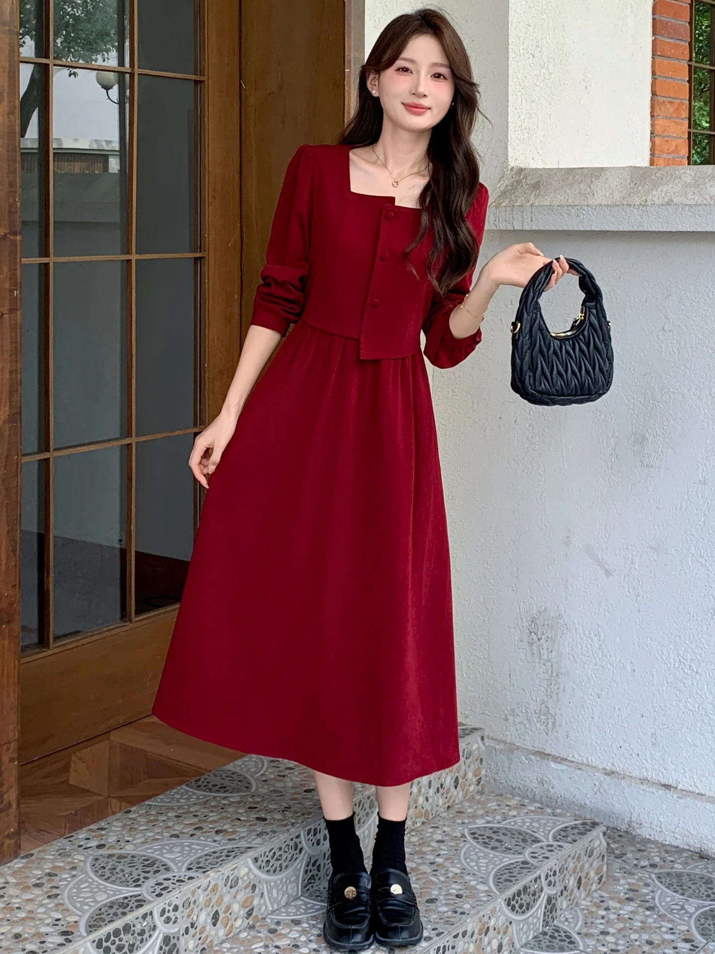 

Elegant Red Square Collar Dress Women's Spring Autumn New Waist Cinching Slimming Engagement Toasting Ceremony Long Dress