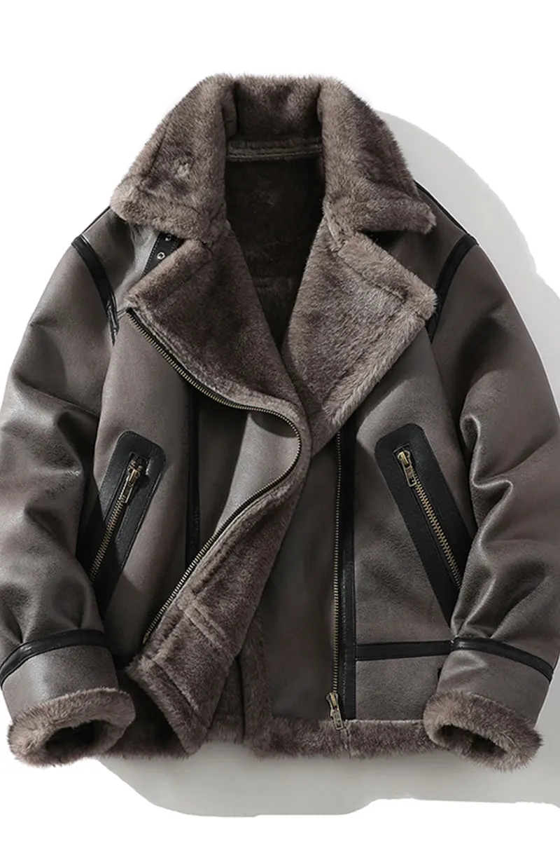 2025 جديد الرجال الدافئة التباين اللون معطف جلد الشتاء فو الفراء بدوره إلى أسفل طوق سترة طويلة الأكمام ، خمر السائق نمط