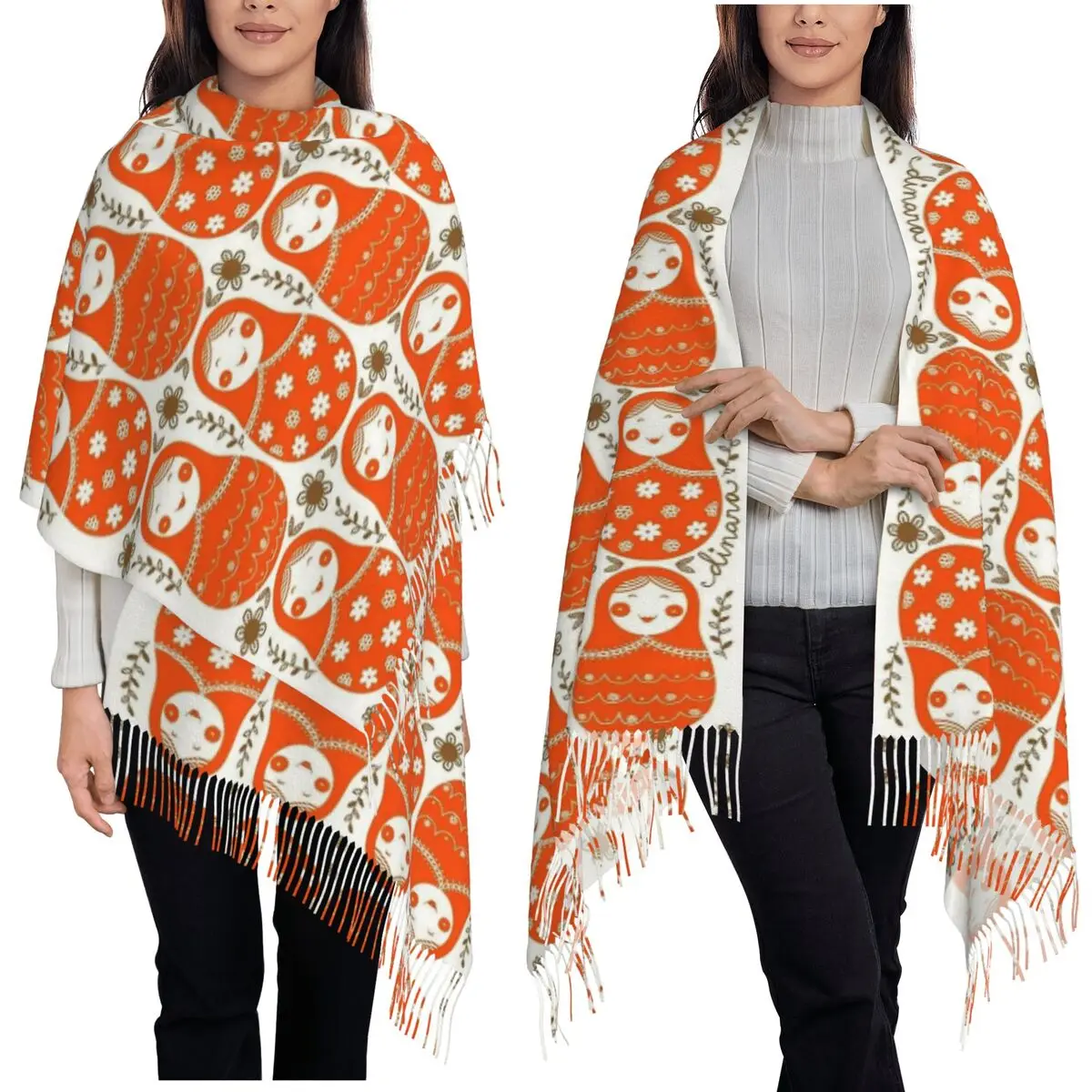 

Russia Matryoshka Doll Flowers Scarf Tassel Scarves for Women Soft Warm Shawls and Wraps Long Fall Winter Shawl Wrap