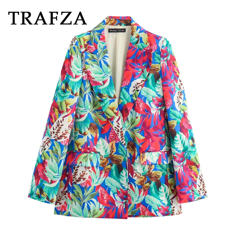 

TRAFZA 2024 Women Office Lady Tropical Print Blazer Single Breasted Jackets Turn-Down Collar Loose Pockets Women Fashion Blazer