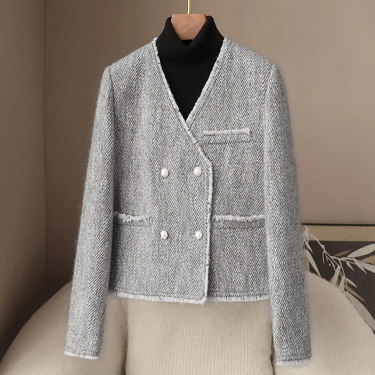 Spring New V-Neck Small Fragrant Style Jacket French Loose High-End Short Top Coat